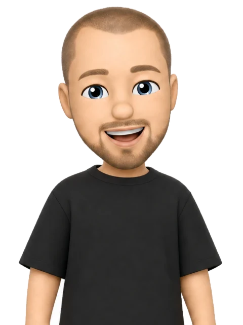 Kasper som memoji i sort t-shirt, smilende